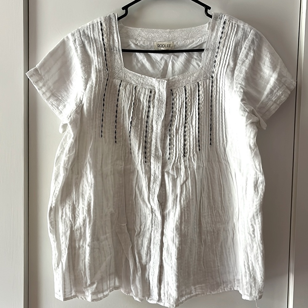 White Blouse with Square Neck and Embroidered Detailing